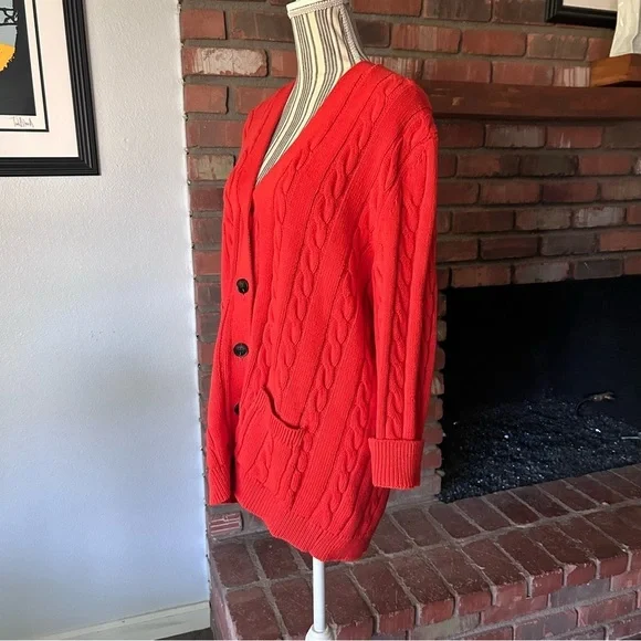 THE GREAT Cable Grandpa Cardigan in Habanero Orange Red Sz XS - Picture 6 of 11
